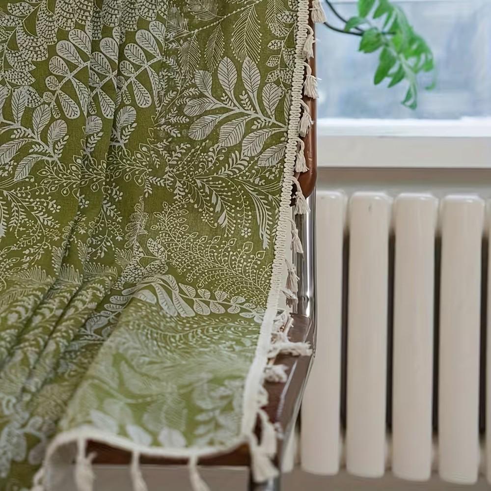 1pc Olive Plant Print Curtain, Cotton Linen Texture, Fringe Edge, Living Room Bedroom Balcony Floor-To-Ceiling Decorative Curtain