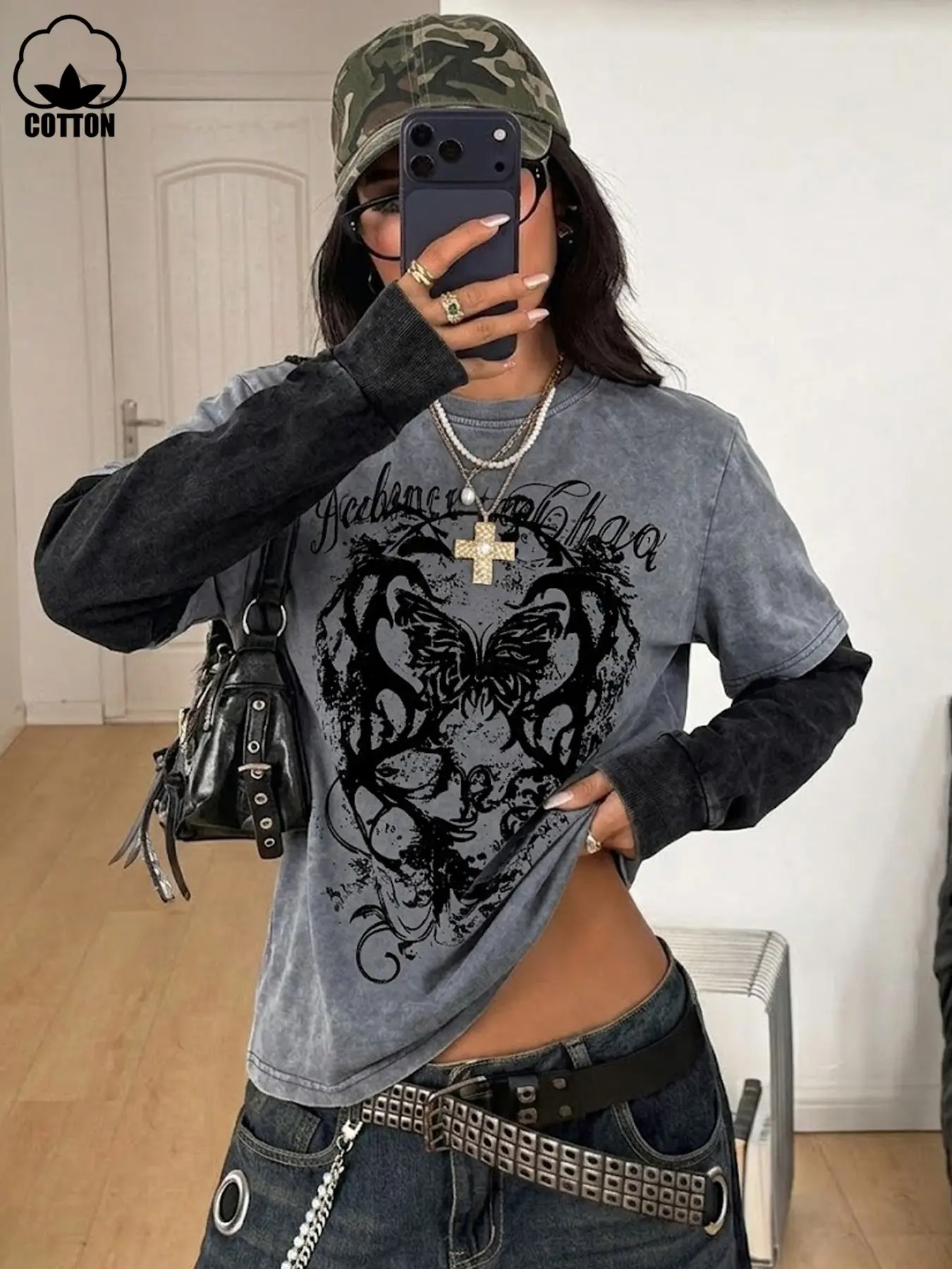 Y2K Vintage Butterfly Print Long Sleeve T-Shirt, Loose Fit Cotton Top, Colorblock, Casual Fall Winter Wear, Street Style, Streetwear