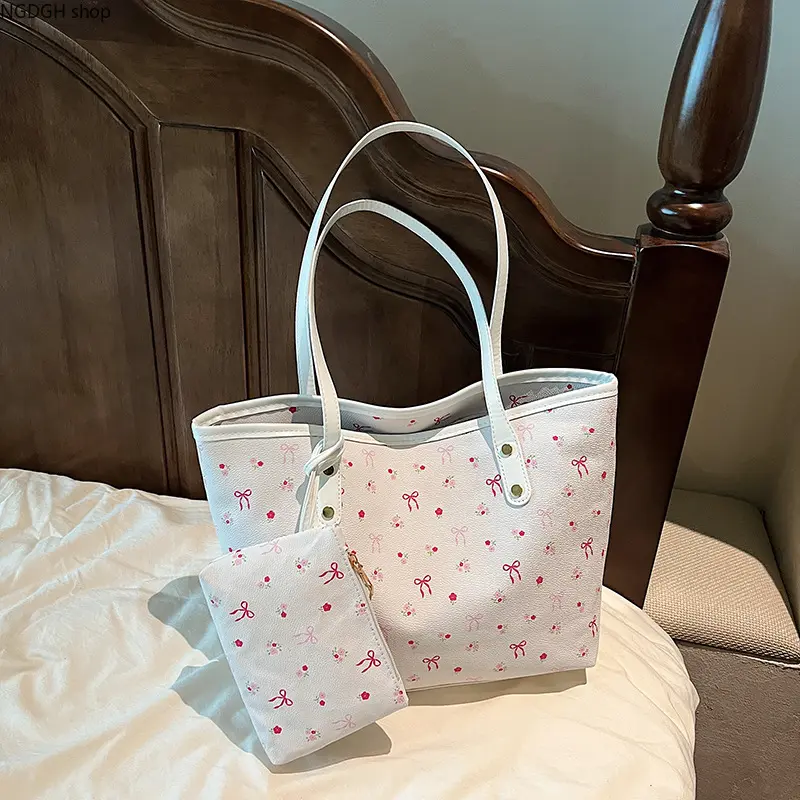 Chic Coquette Bow Print Tote Bag with Matching Zip Pouch, Sweet White Canvas Shoulder Handbag, Cute Floral Cherry Casual Purse Set, Trendy Everyday Shopping Bag, Perfect for School, Travel, Date & Gift for Her.