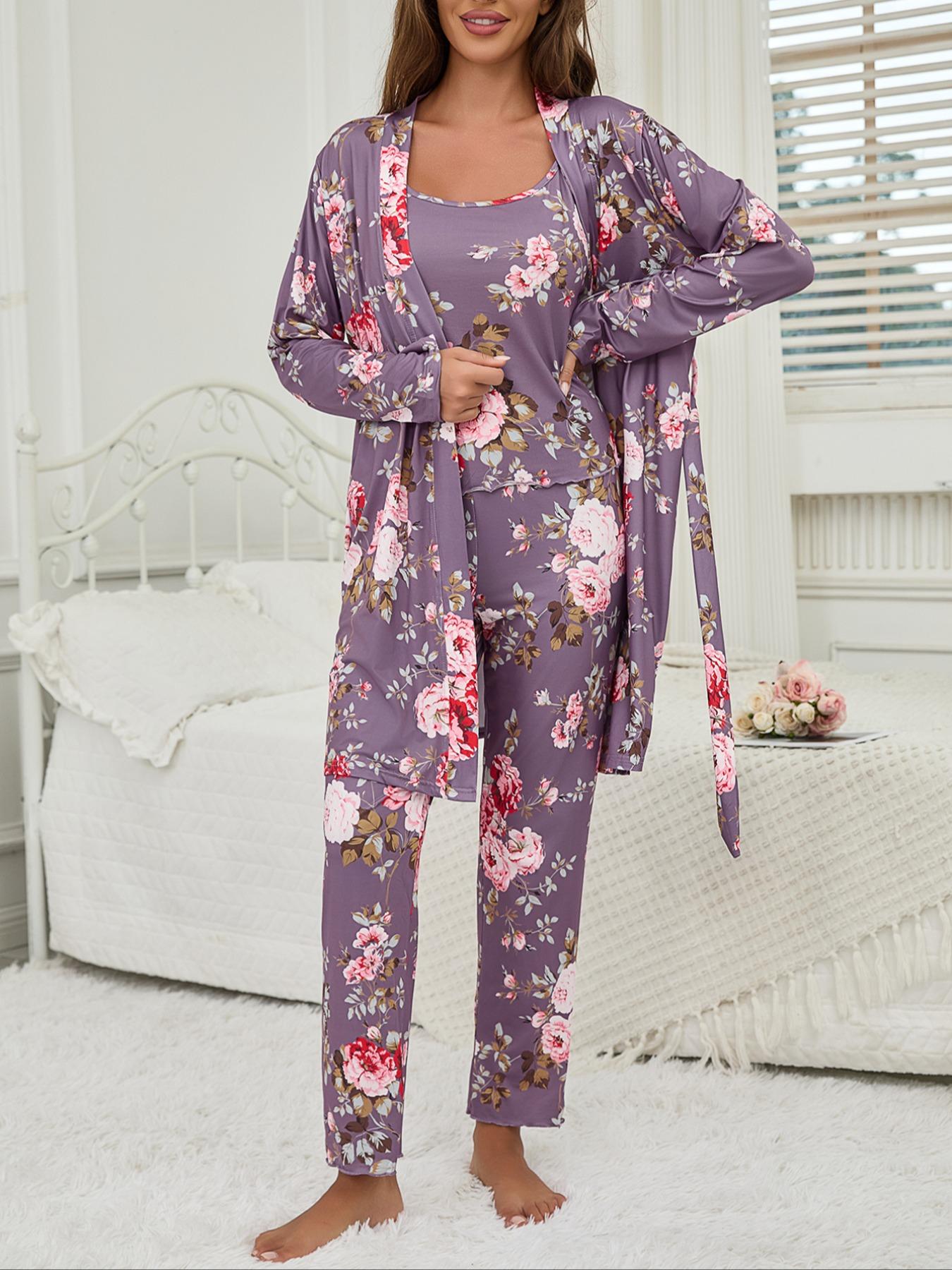 Women's All Over Floral Print Pajama Set, Long Sleeve Open Front Outwear & Pants & Cami Top, Casual Comfy Fitted Sleepwear Set for Women, Loungewear, Knit, Camisole Women's All Over Floral Print Pajama Set, Long Sleeve Open Front Outwear & Pants & Cami Top, Casual Comfy Fitted Sleepwear Set for Women, Loungewear, Knit, Camisole