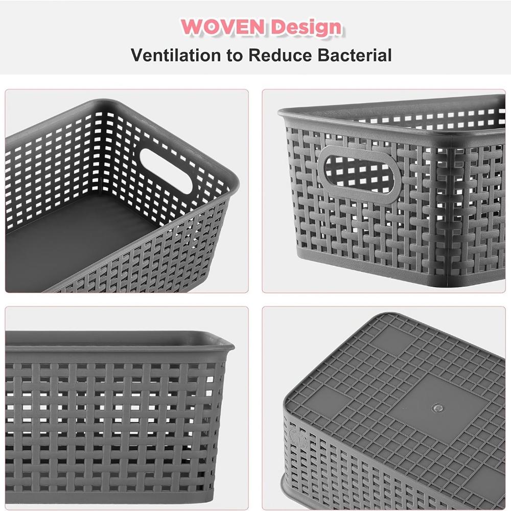 6-Piece Set of Plastic Storage Baskets with Lids (Black/White/Gray) — Stackable Decorative Organizer Bins for Shelves, Drawers, Desktops, Closets, Playrooms, Classrooms, and Offices