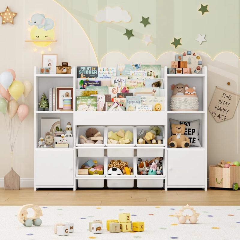 FOTOSOK Toy Storage Organizer with 6 Toy Bins, Toy Organizer Kids Bookshelf with 6 Cubbies, Multifunctional Floor Storage Chest for Playroom