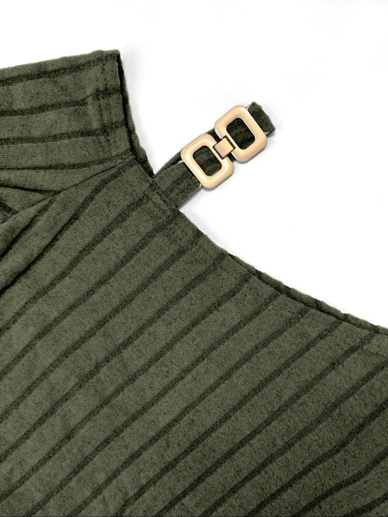 Women One Shoulder Bodycon A Line Dress Ribbed Knit Ruched Mini Dress Long Sleeve Slim Fit Knitwear Gold Chain Strap Asymmetric Neckline Fall Winter Party Clubwear Stretchy Waist Hugging Solid Color Soft Girl Fashion Trendy Outfit