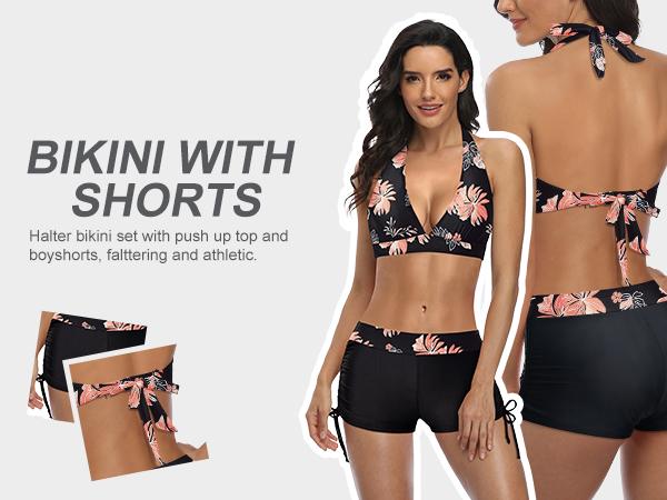 Holipick Two Piece Bathing Suit with Shorts for Women Push Up Bikini Swimsuit Set with Boy Short V Neck Bikini Top with Boy Shorts for Women Halter Bikini with Side Tie Bikini Bottom Sporty Bikini Sets