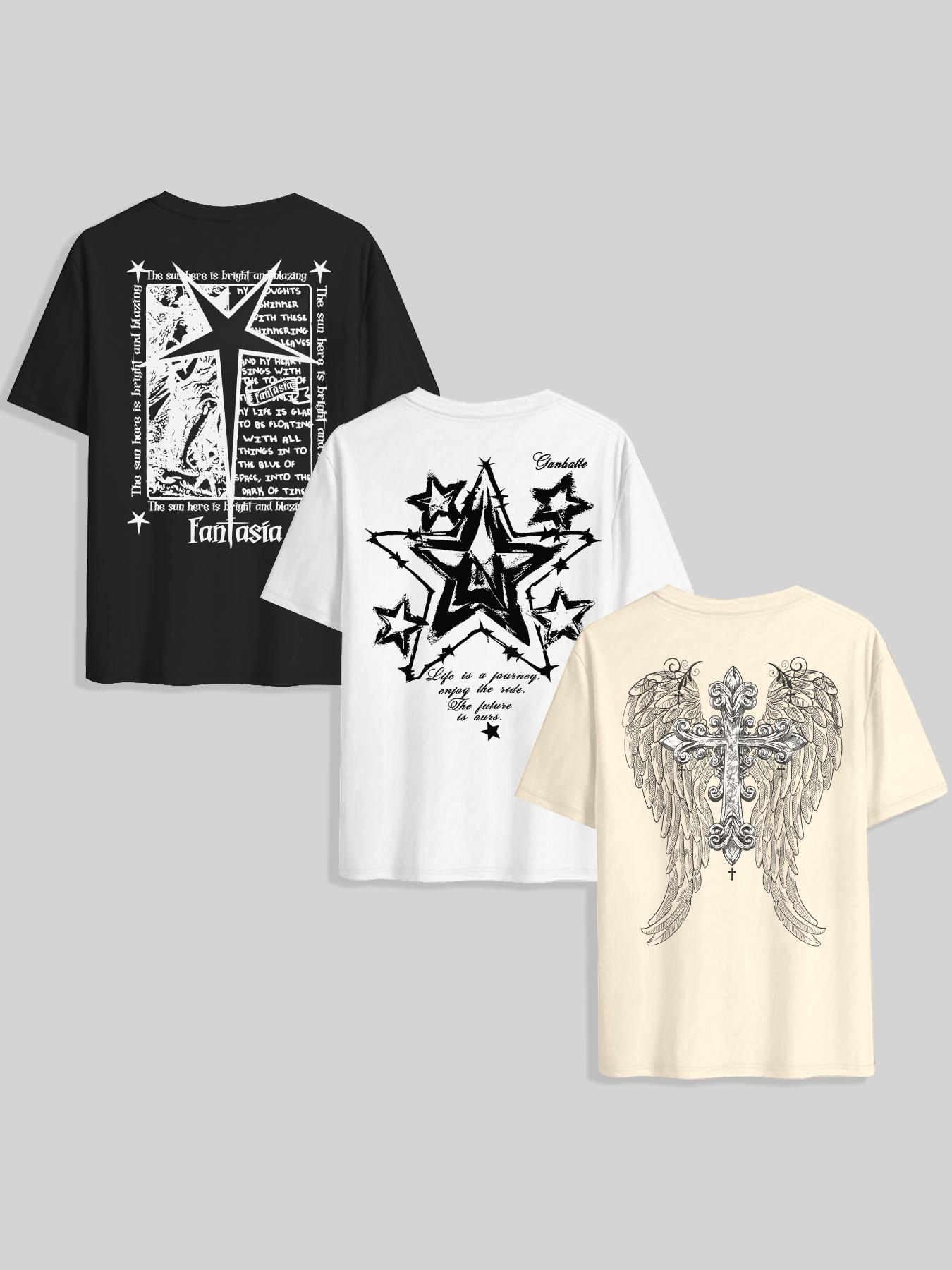 Men's Star & Letter & Wings Print Round Neck Knitted Tee, Regular Fit Casual Short Sleeve T-shirt, Men's Summer Top for Daily Wear