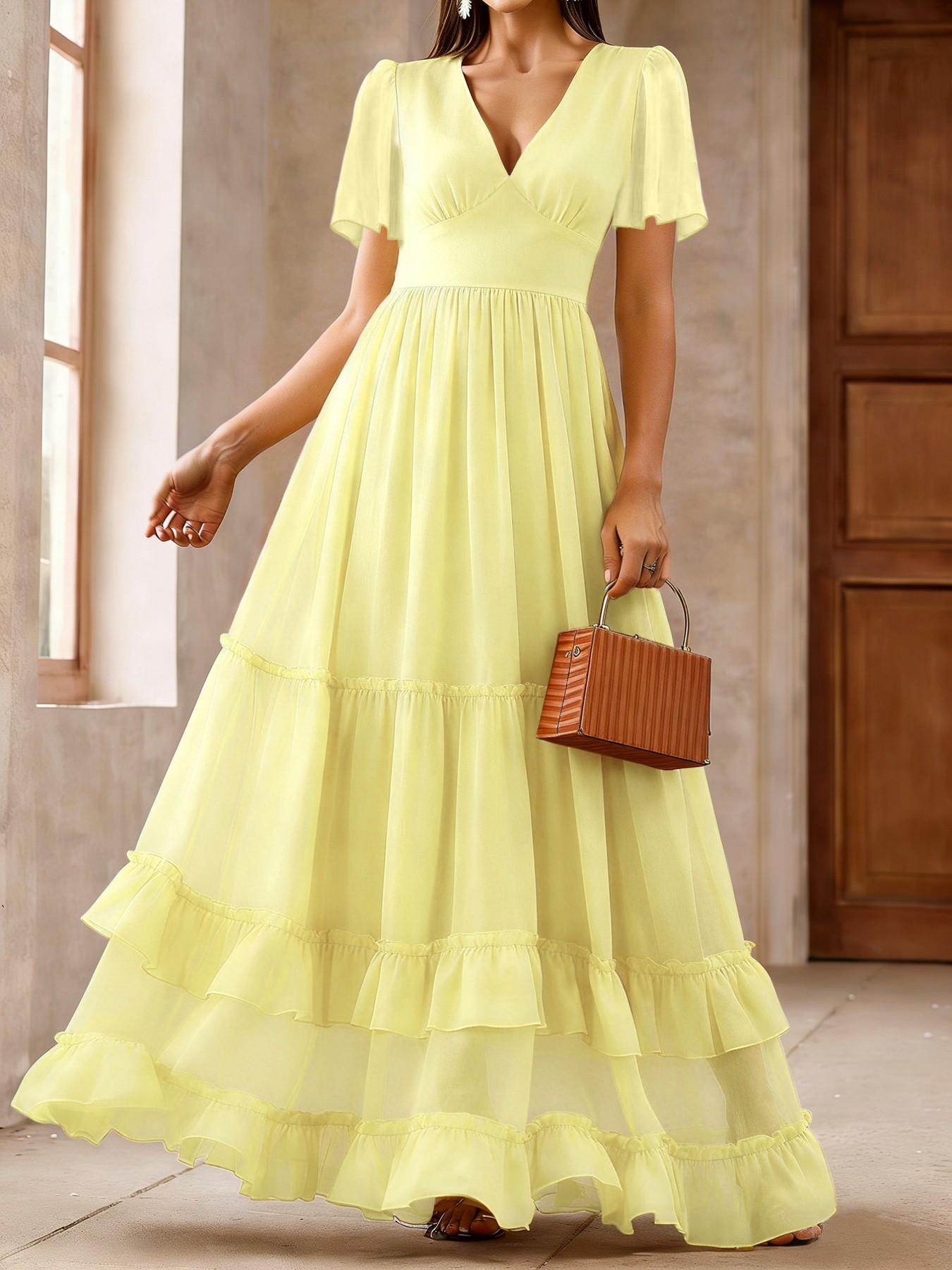 Spring Summer Dress, Cake Skirt V Neck Ruffle Long Dress, French Gentle Style, Beach Vacation, Wedding Bridesmaid Dress