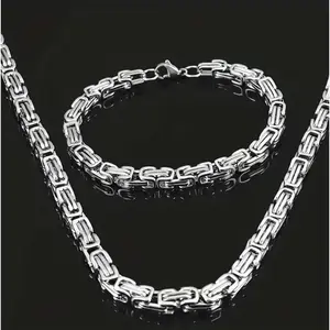 Men's Stainless Steel Necklace and Bracelet Set, Punk Style Edgy Design Byzantine Chain Jewelry, All-Season Fashion Accessories,byzantine chain mens, punk jewelry set, stainless steel chain, hip hop necklace bracelet, men heavy link jewelry