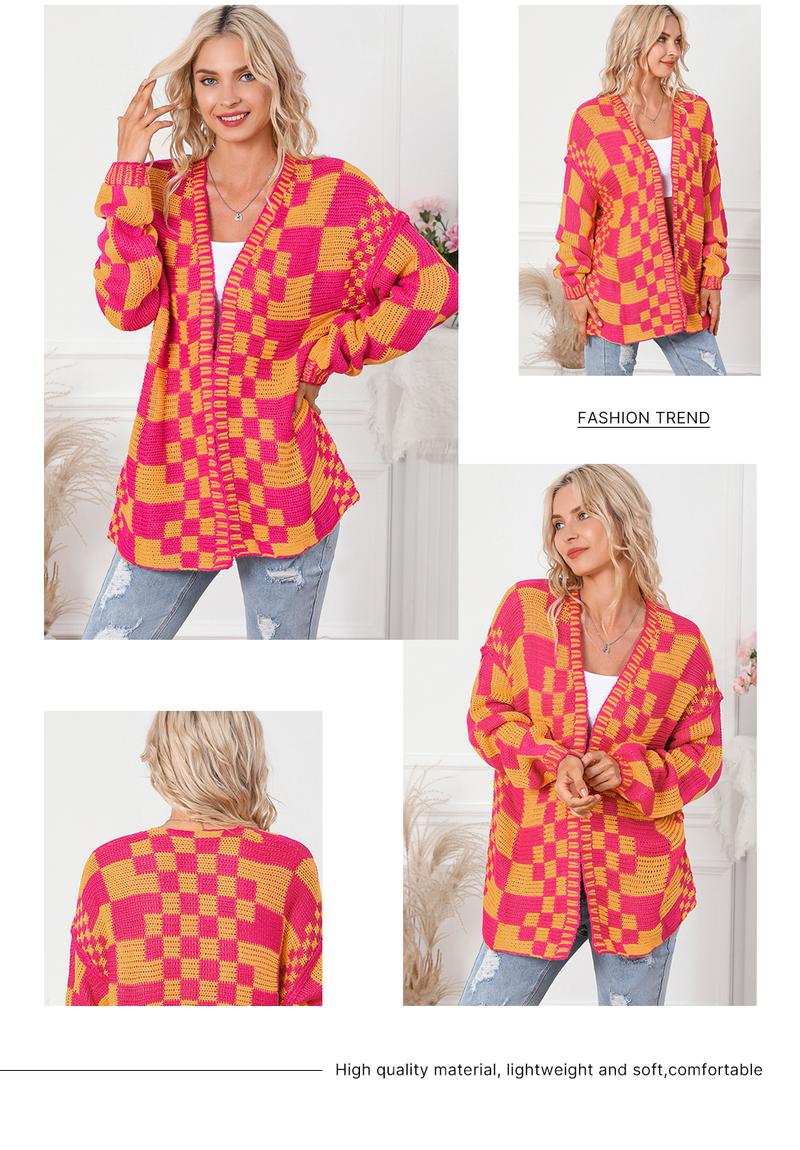 Asvivid 2026 Fall Clothes For Women Oversized Long Open Front Cardigan Mixed Checkered Pattern Cable Knit Cardigans Sweater Holiday
