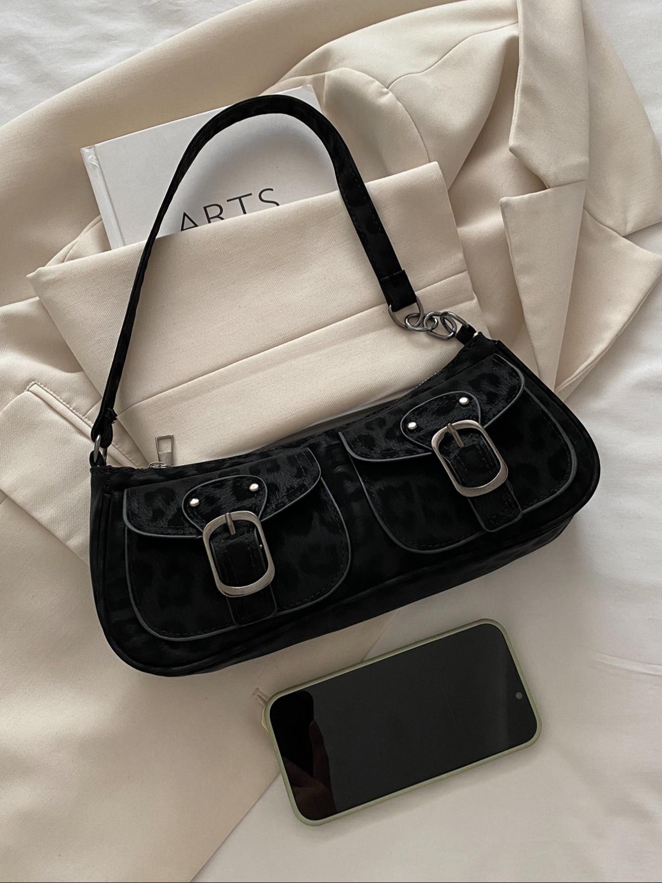 Women's Leopard Print Shoulder Bag, Vintage Dual Pocket Handbag with Zipper Closure, Fashionable and Versatile, Fashionable Patterned Bag, Perfect for Daily Use