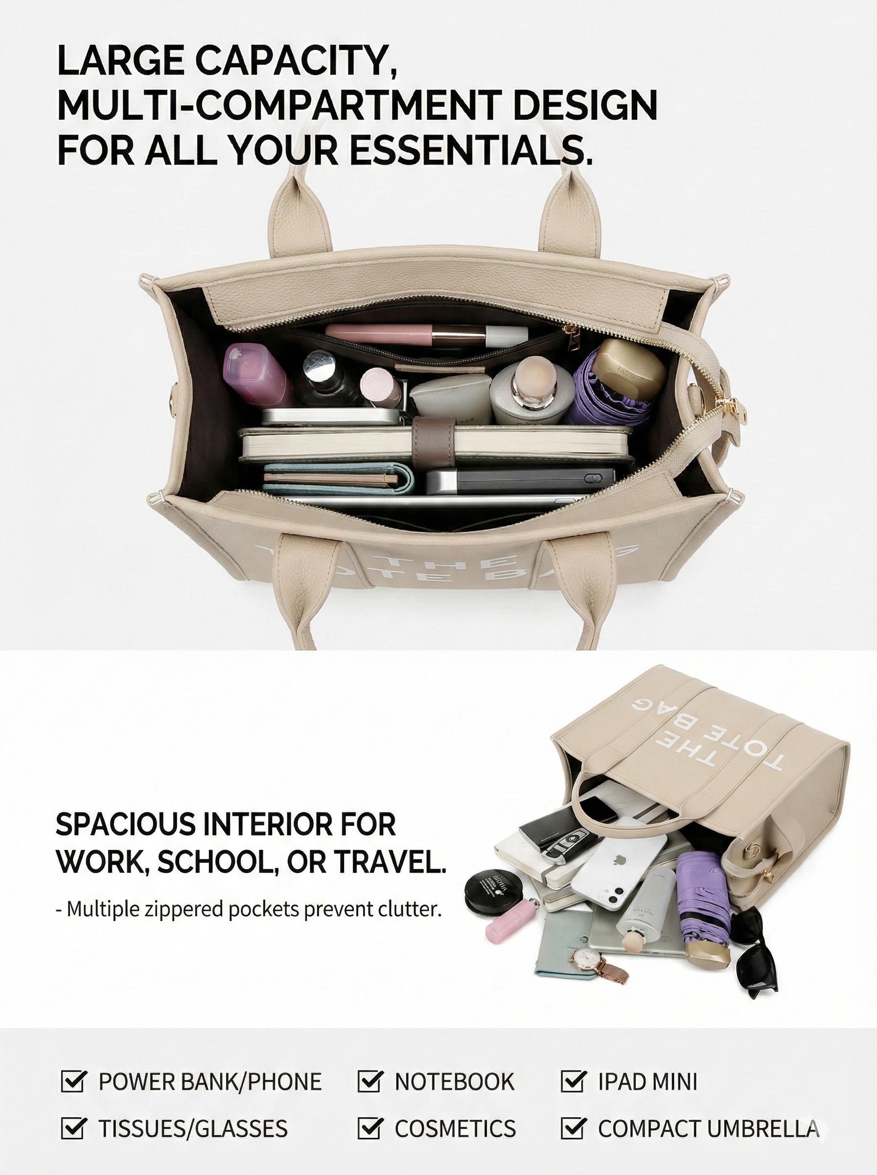 Tote Bag for Women, Black PU Leather Tote with THE TOTE BAG Print, Durable Structured Handbag with Adjustable Crossbody Strap, Spacious for Work/School, Stylish Birthday Gift for Women