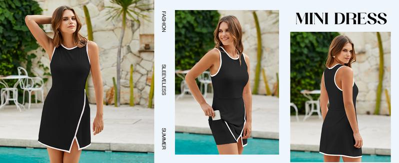 FISOEW Women's Pink Workout Tennis Dress with Built-in Bra & Shorts Pockets Sleeveless Crewneck Golf Athletic Mini Dresses Activewear Machine Washable Soft Breathable Fabric