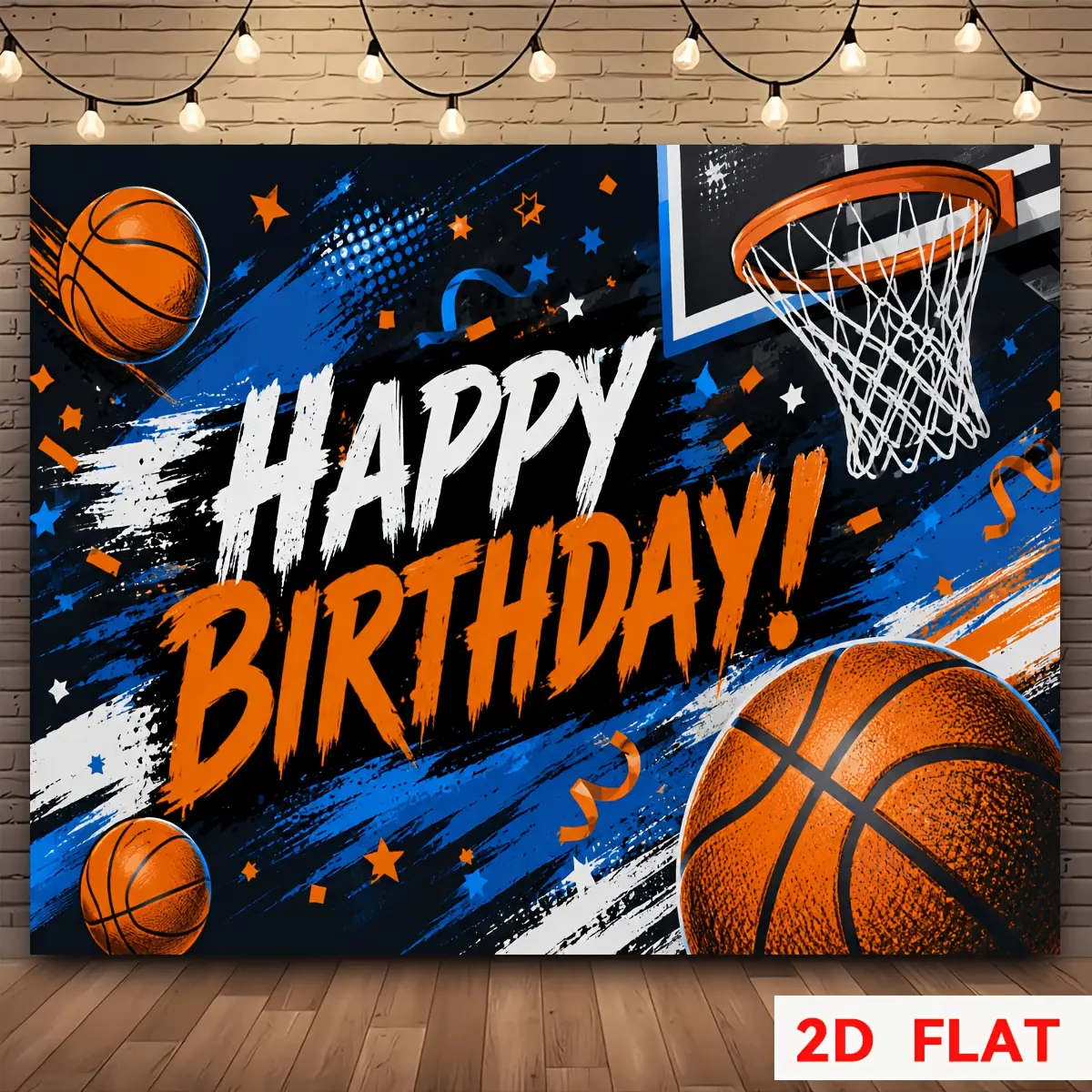 2D Flat Basketball Birthday Backdrop Banner, Basketball Hoop Star Garland Happy Birthday Photo Background Cloth, Indoor Outdoor Birthday Party Decor