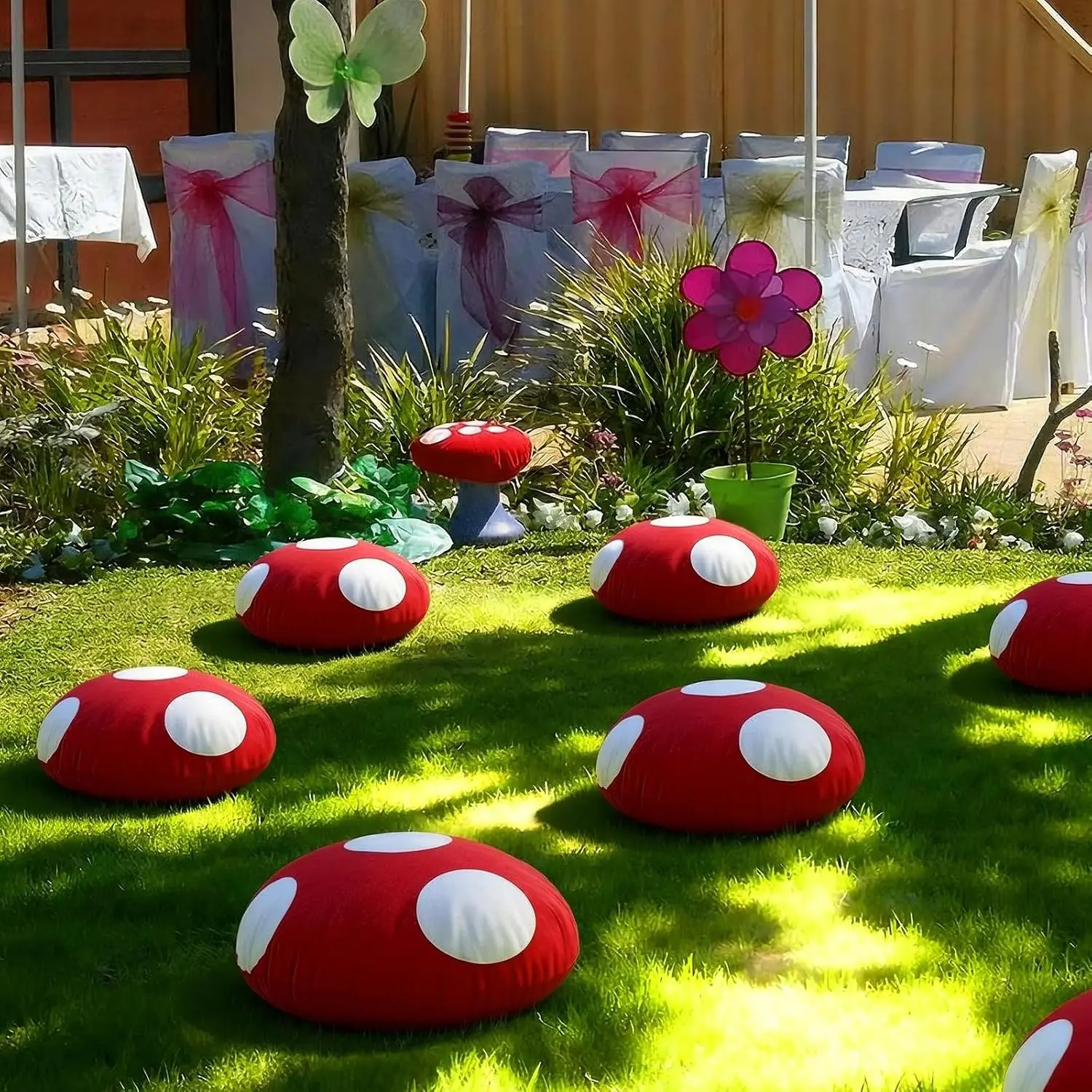 6 Pcs Cute Mushroom Floor Pillow 13.78 Inch Soft Mushroom Stuffed Throw Pillow 3D Round Red Seating Cushion with Polka Dot Wonderland Theme Party Decor for Home Bedroom Living Room