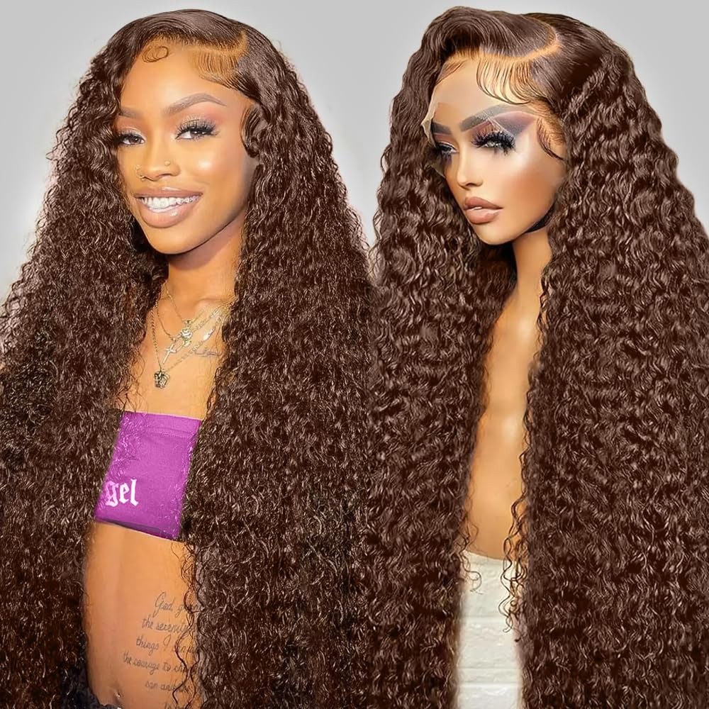 Bling Hair Chocolate Brown Deep Wave 13x4/13x6 HD Transparent Lace Front Wig Human Hair 180 Density Human Hair Wigs Colored Deep Curly Lace Frontal Wigs for Women