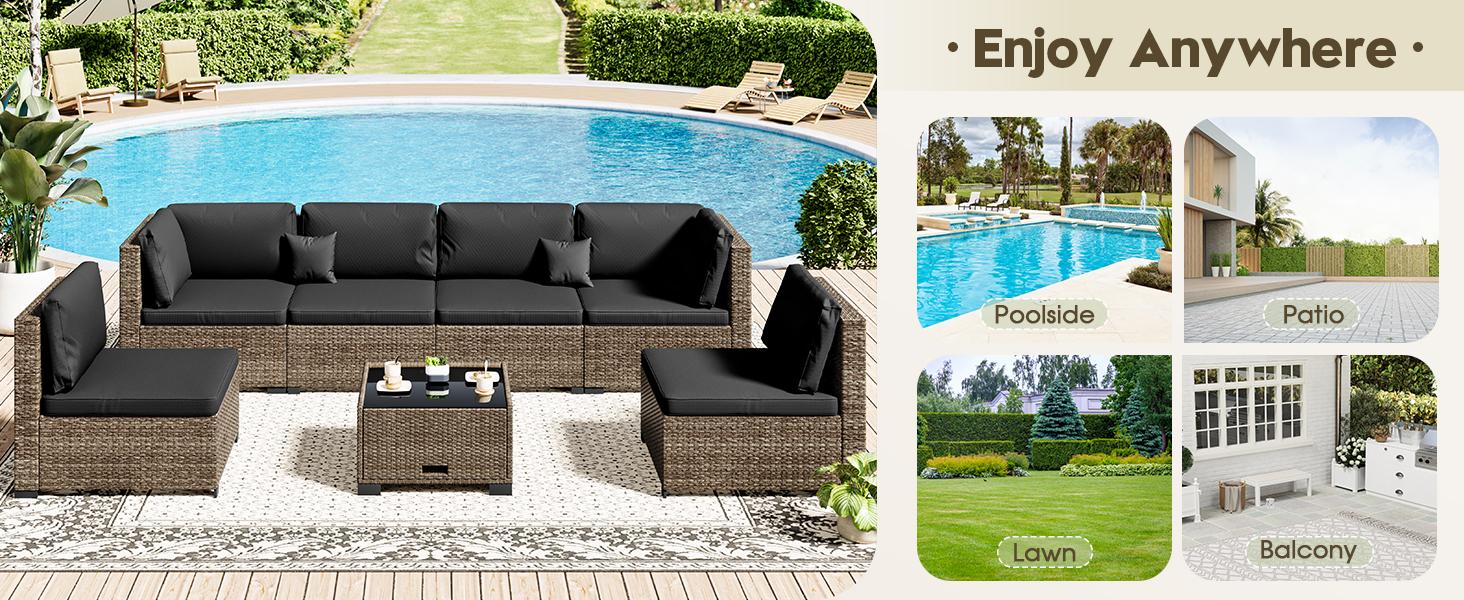 7 Piece Patio Furniture Set, Outdoor Furniture Patio Sectional Sofa, All Weather PE Rattan Outdoor Sectional with Cushion and Coffee Table. Swivel Chair Lounge