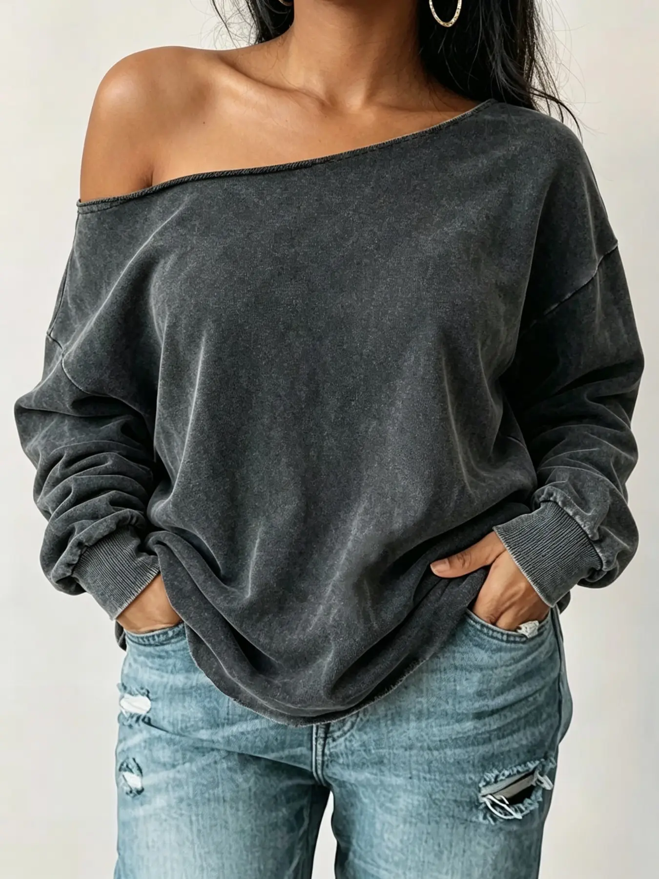 Vintage Washed Asymmetric Women's Sporty Slant Shoulder Sweatshirt, Activewear Tops, Casual Loose Long Sleeve, Perfect for Daily Commute, Leisure, and Fitness