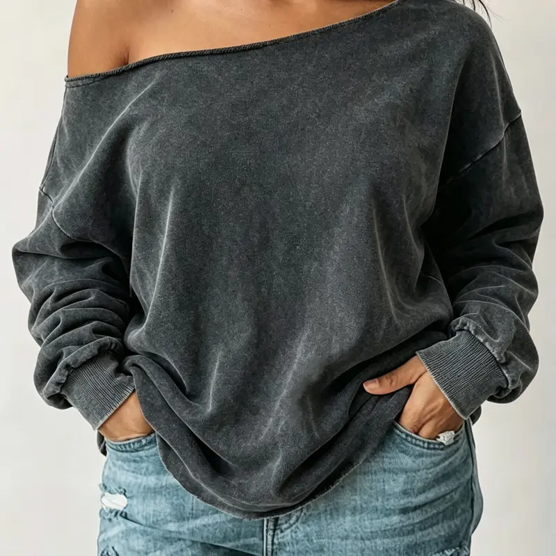 Vintage Washed Asymmetric Women's Sporty Slant Shoulder Sweatshirt, Activewear Tops, Casual Loose Long Sleeve, Perfect for Daily Commute, Leisure, and Fitness