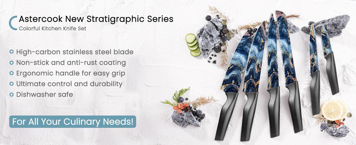 Astercook 6-Piece Stratigraphic Knife Set, 6 Anti-Rust Stainless Steel Knives with Blade Guards, Dishwasher Safe. Astercook 6-Piece Stratigraphic Knife Set, 6 Anti-Rust Stainless Steel Knives with Blade Guards, Dishwasher Safe.