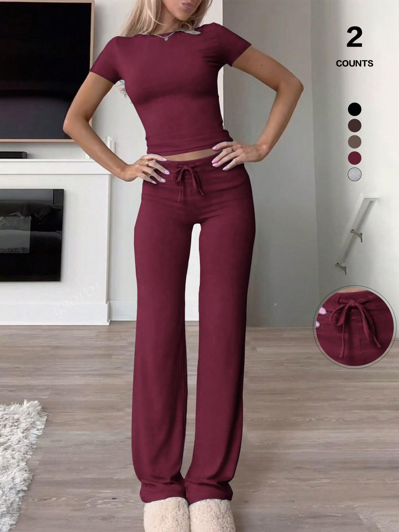 Women's Slim Fit Cropped T-Shirt & High-Waisted Flared Pants Sportswear Set, Casual Style, All Seasons Wear, Perfect for Daily, Athleisure Wear Set