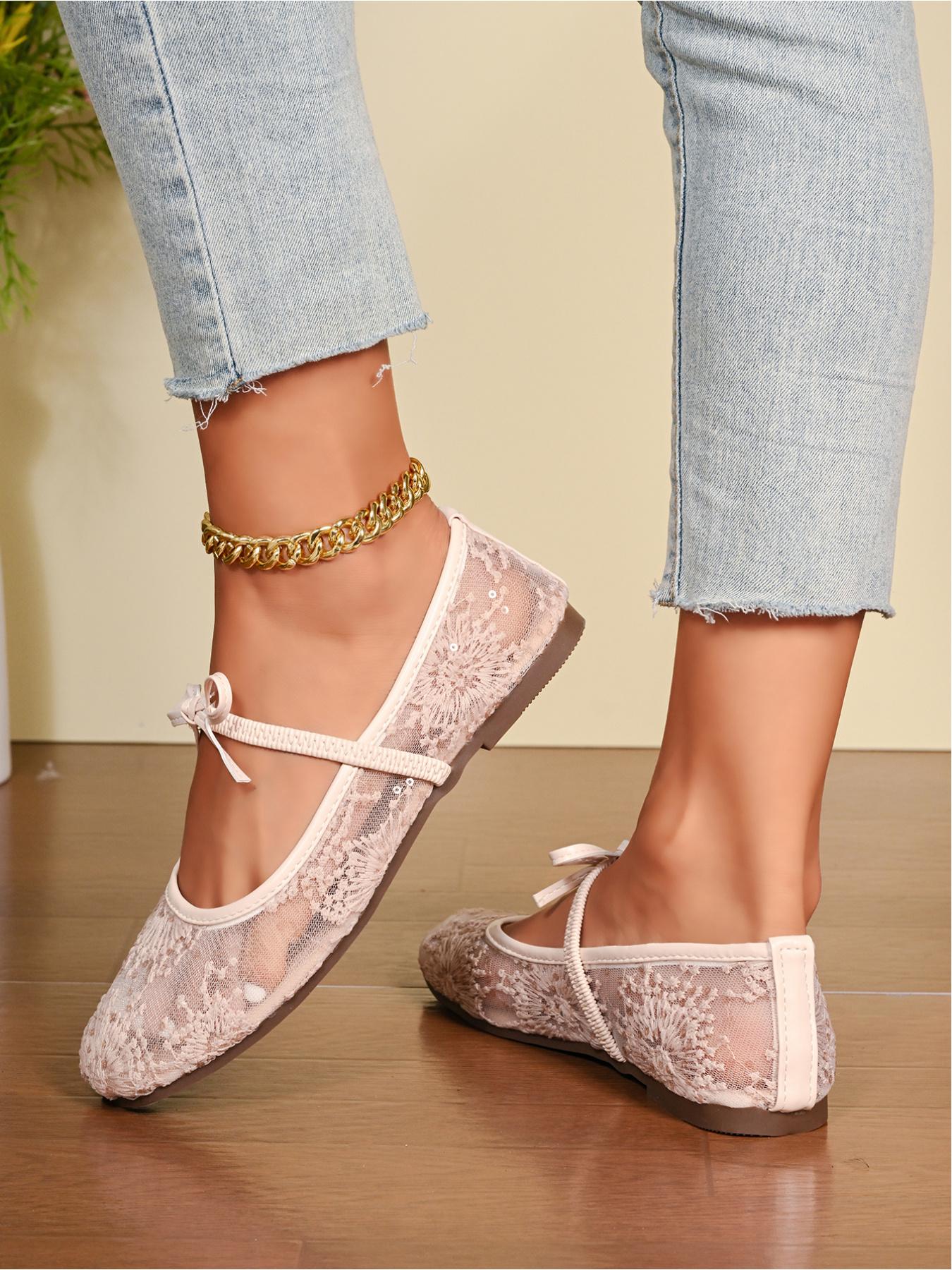 Women's Lace Mesh Mary Jane Flats, Bowknot Ballerina Shoes for Summer, Classic Ballet Flats, Casual Flat Footwear