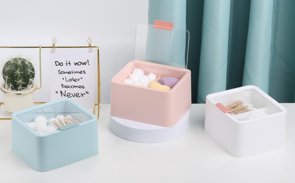 2 Slot Cotton Swab Ball Qtip Holder Jar Plastic Container Dispenser Box with Hinged Lid for Bathroom Home Storage Organizer