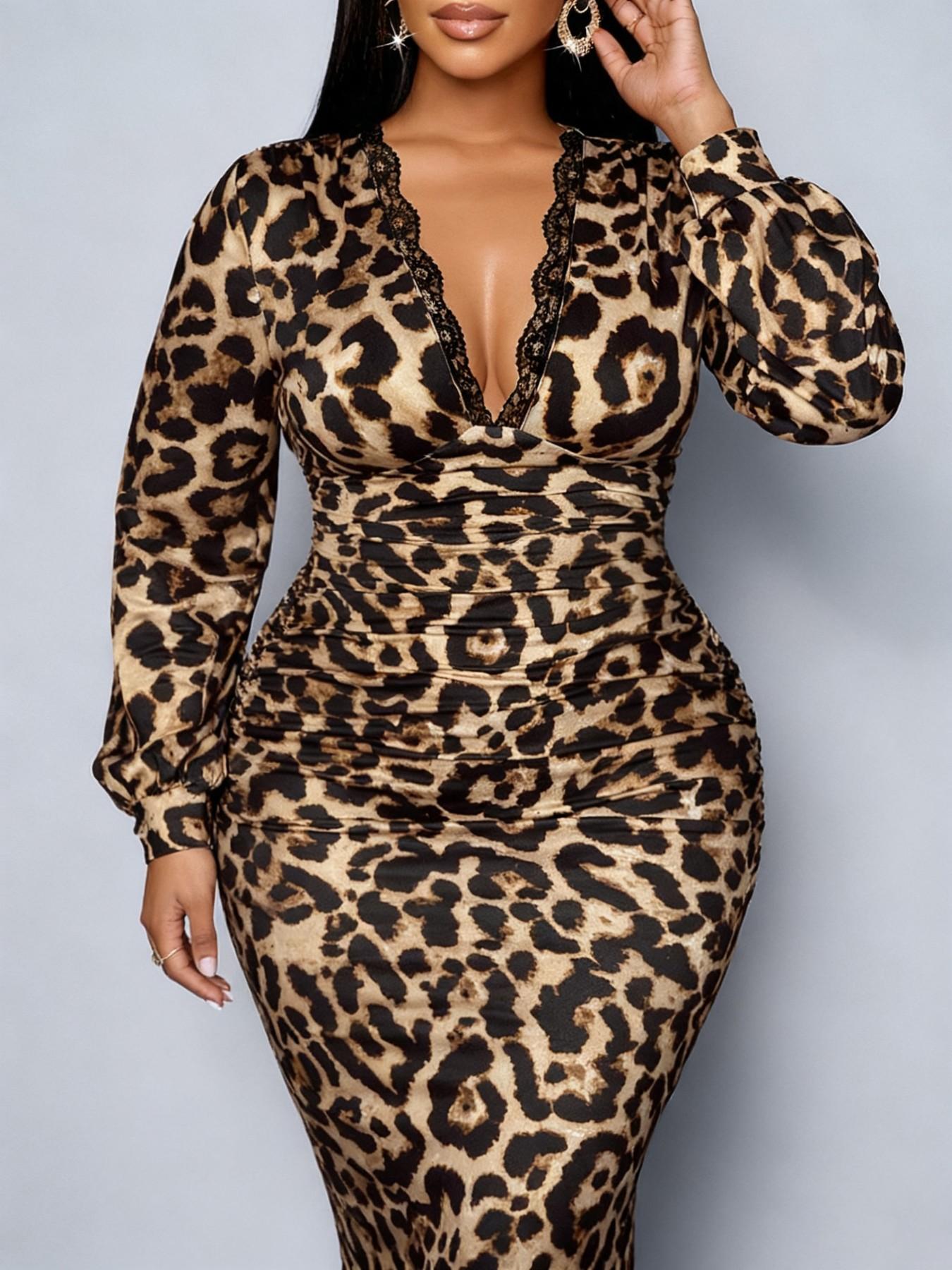 Elegant Leopard Print Bodycon Dress, Deep V Neck Lace Long Sleeve, High Waist Split Back Party Dress, Fall Fashion Women's Clothing