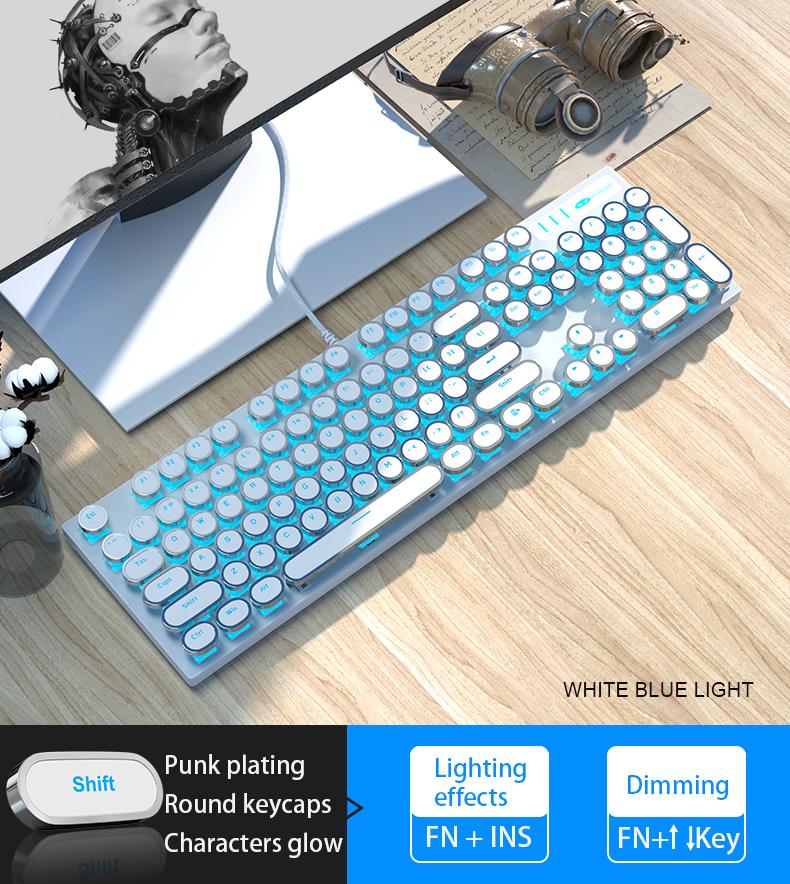 MageGee MK-Storm Typewriter Mechanical Gaming Keyboard, Retro Punk Round Keycaps Blue LED Backlight USB Wired Computer Keyboard for Gaming and Office, Compatible with Windows
