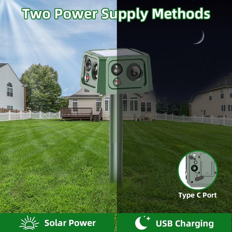 Four-sided Inductive Ultrasonic Rodent Repellent Device, Solar Bird Repellent Device, Cat Repellent Device, Bottom Vibrating Rod Animal Repeller. Suitable for gardens, farms and orchards.
