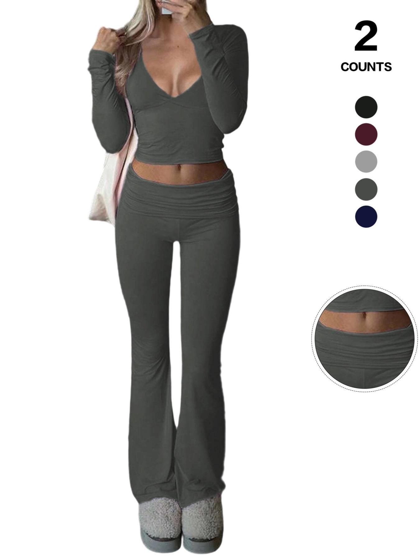 Women's 2 Piece Matching Set Long Sleeve Deep V Neck Crop Top and Foldover Flare Leggings Yoga Outfit,Women's 2 Piece Matching Set Long Sleeve Deep V Neck Crop Top and Foldover Flare Leggings Yoga Outfit Yoga Bottoms,Airport Outfit, Flare Leg Sports