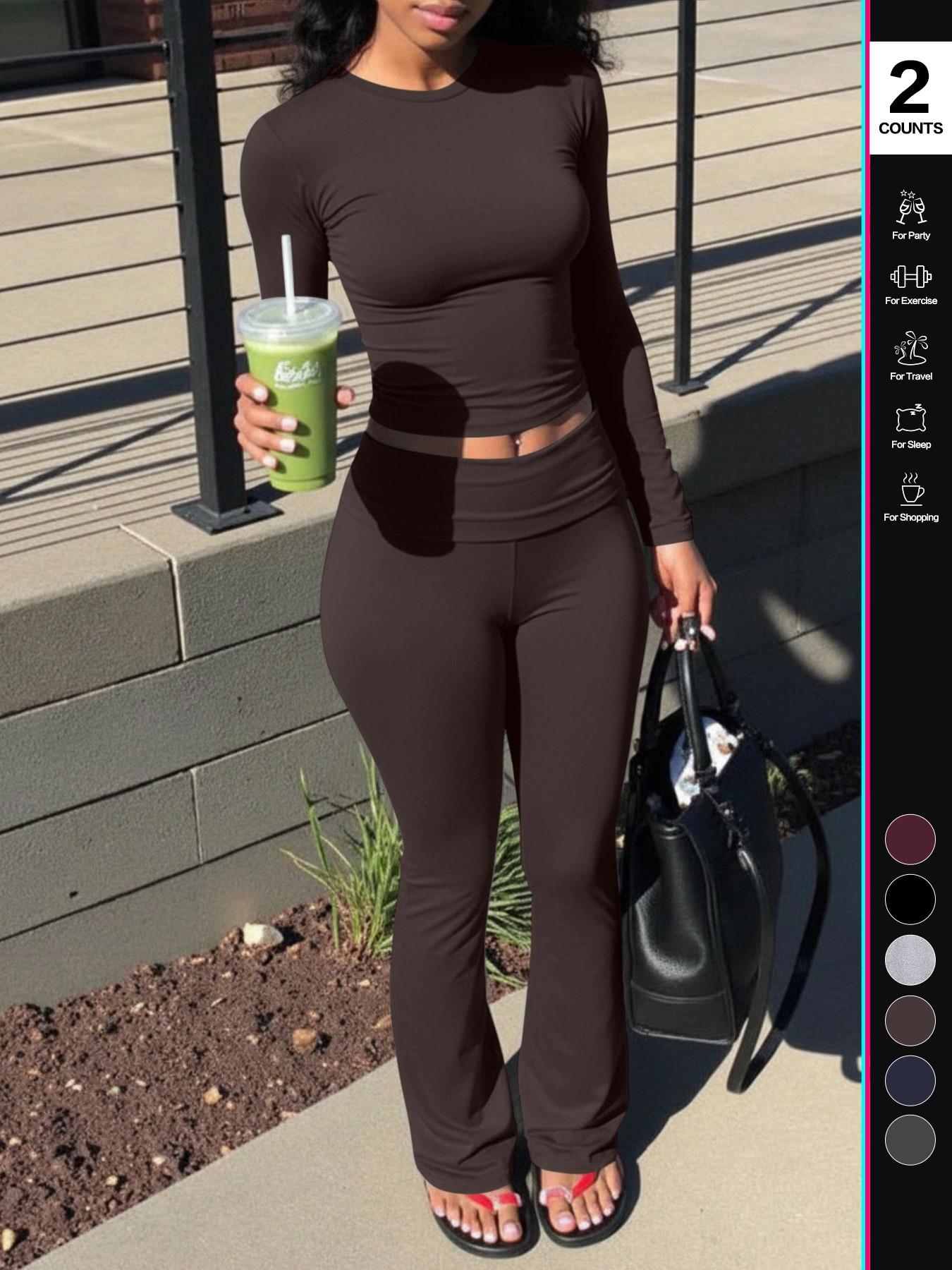 Women's 2 Piece, Foldover Flare Pants & Long Sleeve Crew Neck T-Shirt, Fitted Pajama Sets, Casual Comfortable Sleepwear