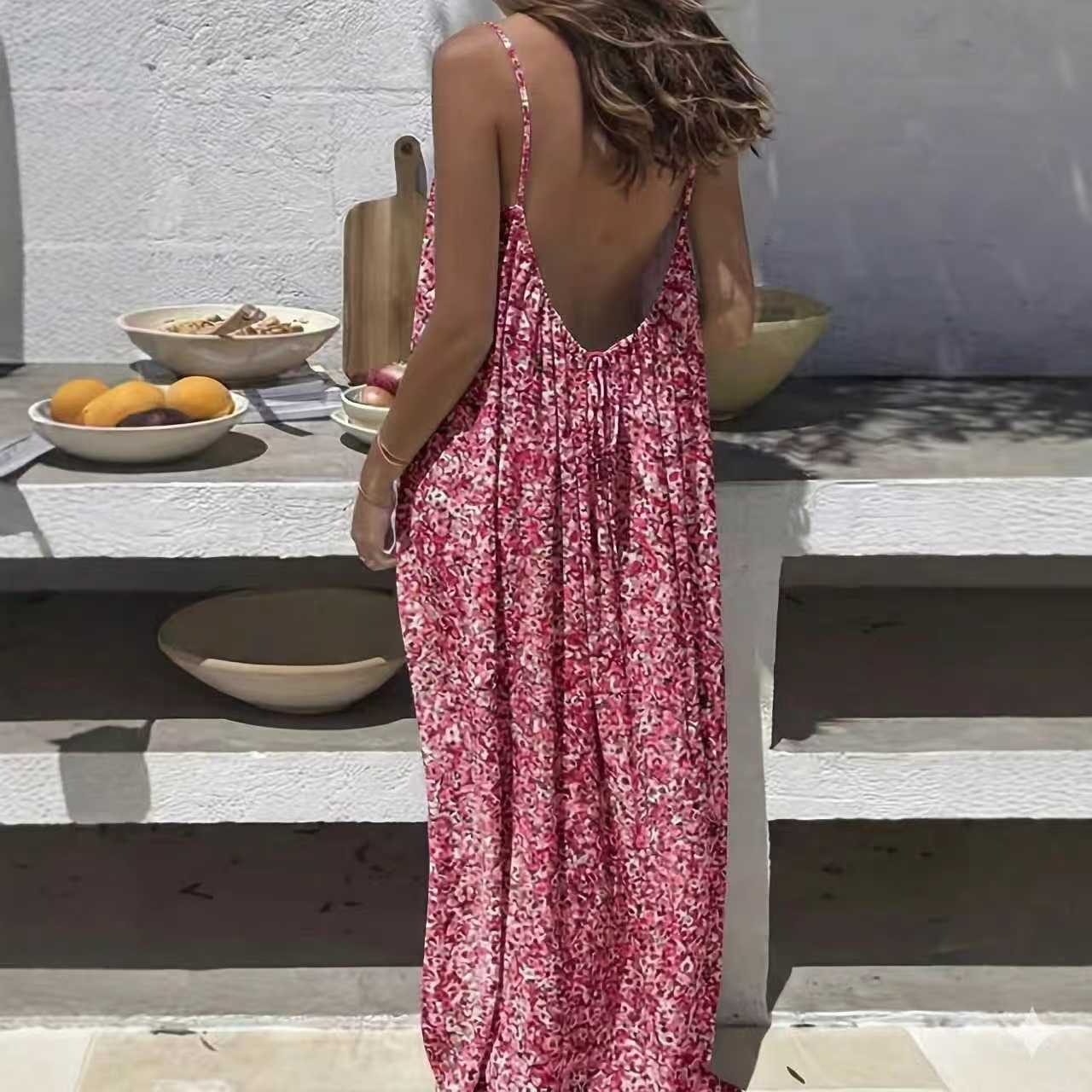 2026 Women's Nightdress Printed Halter Neck Backless Loose Nightgown Casual Homewear in Leopard Print