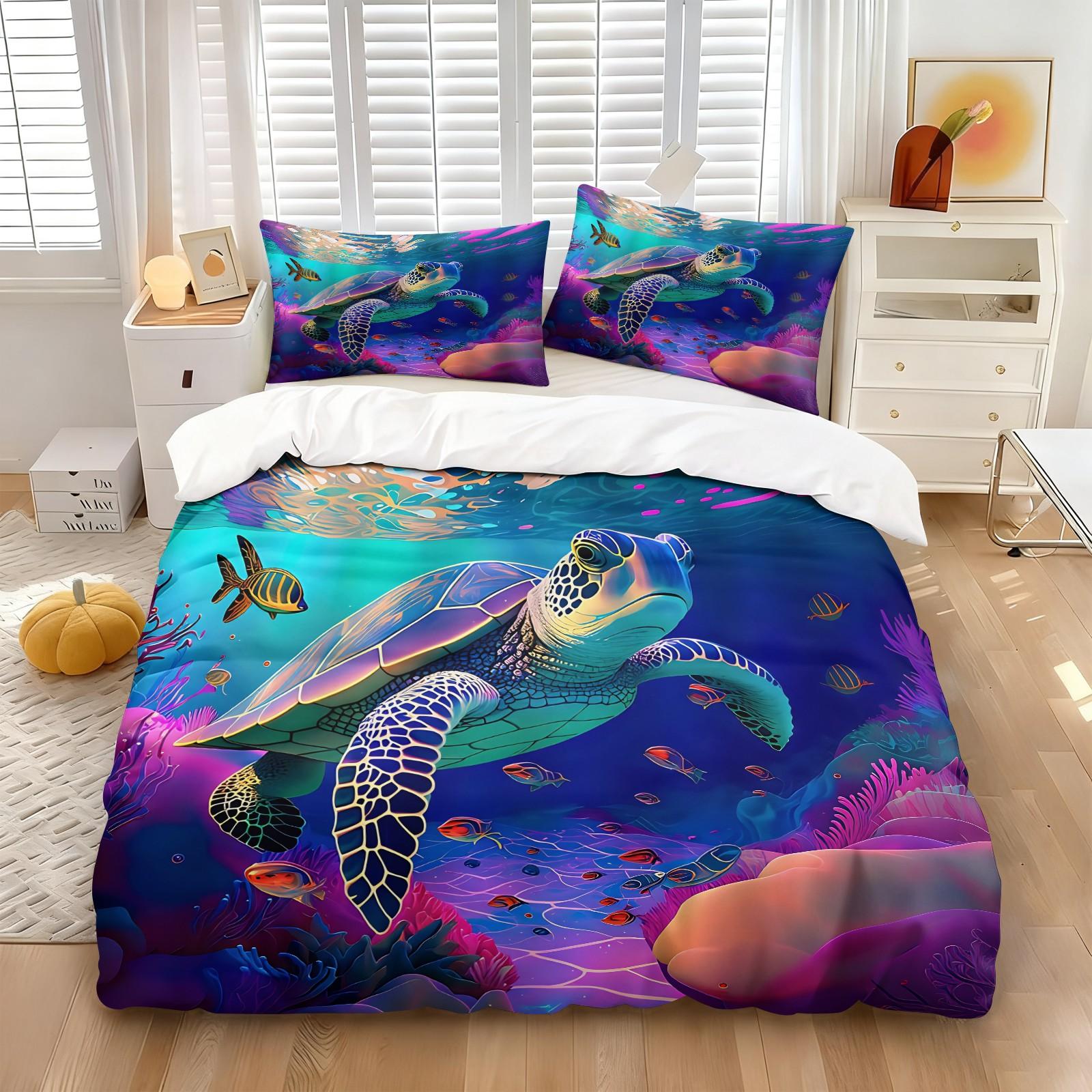 Neon Rainbow Sea Turtle Coral Underwater Ocean Duvet Cover Set, 1 Duvet Cover + 1/2 Pillowcases, Soft Skin-Friendly All Season Bedding, Perfect Sentimental Gift For Sea Turtle Lovers, Kids & Colorful Aquatic Bedroom Decor, Soft Bedding Sets