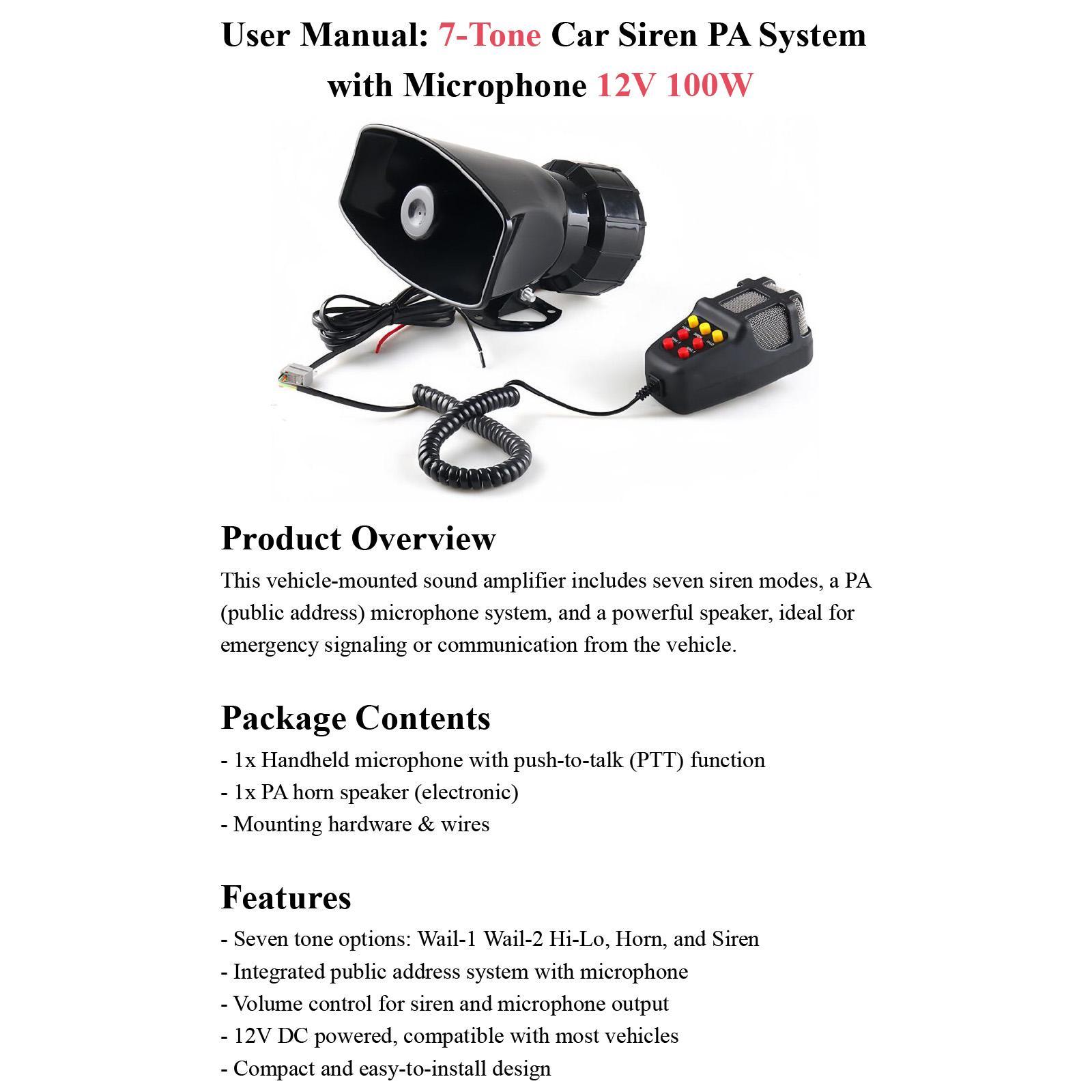 12V 80W 135dB 7-Tone Car Warning Siren Horn Mic PA Speaker System Auto Security Alarm Warning Amplifier Hooter Compact Design for Car Use