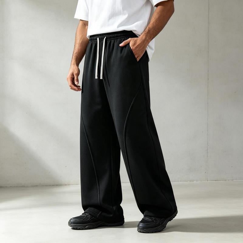 Men's Full-Length Loose-Fit Polyester Sports Joggers - Male Clothing with Patchwork Stitching, Elastic Drawstring Waist, Soft Fabric, Universal for Gym and Street Fashion Leisure