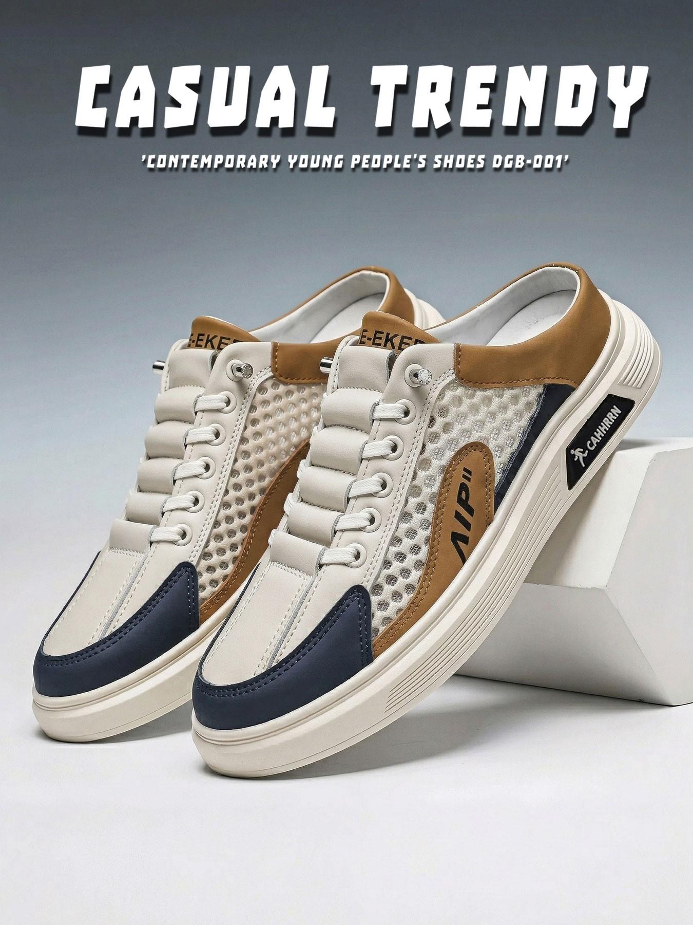 New Summer Men's Casual Sports Shoes, Laces Mesh Breathable Flat Slip-On Walking Sneakers, Comfortable Board Shoes for Daily Wear