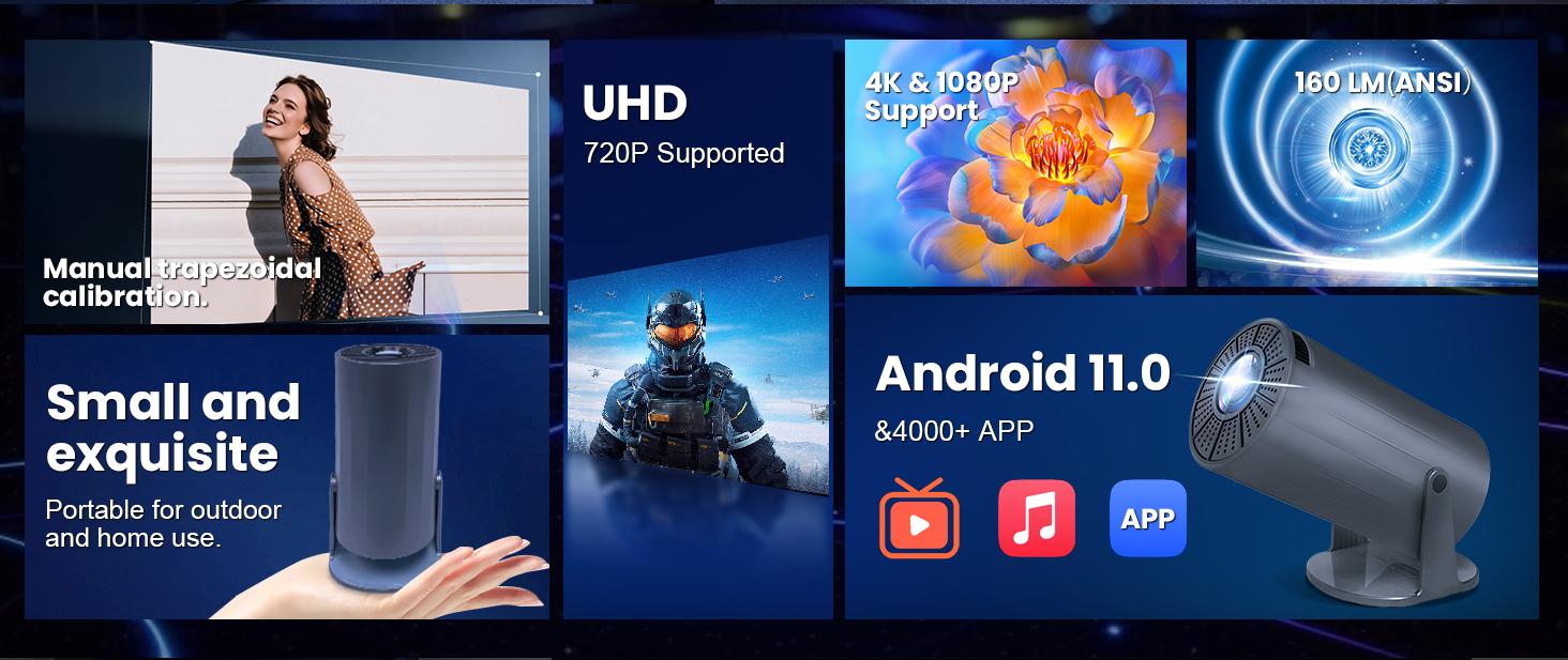 Portable Movie Projector with WiFi and BT Support 4k Decoding 1080P, 180° Rotatable 130'Screen Upper and Lower Auto Keystone Adjustment Compatible with Laptop, PC, Smartphone, Indoor and Outdoor Home Entertainment valentine gifts