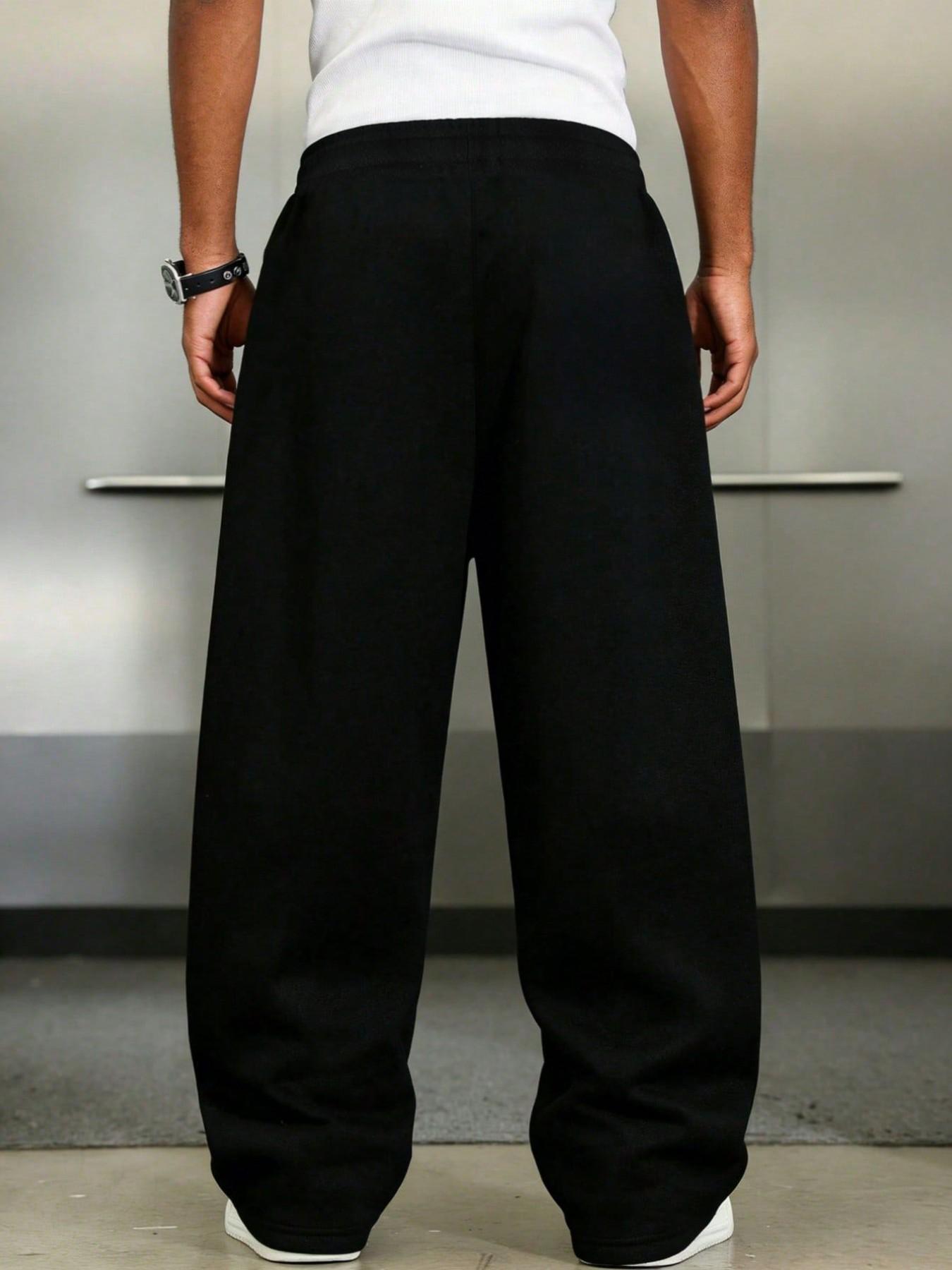 Men's Warm Fleece Wide Leg Sweatpants, Elastic Waist, Loose Fit, Casual Street Style, Athleisure Menswear, Fall & Winter, Ankle Length, with Pockets