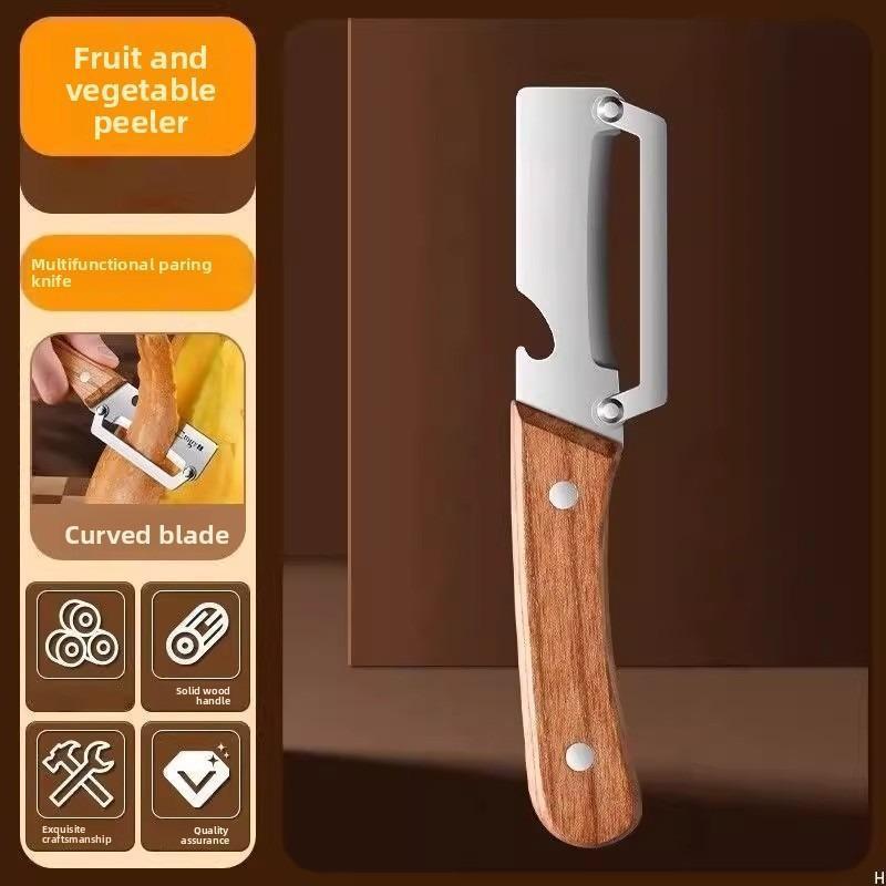 Kitchen Multi-Functional Wooden Handle Stainless Steel Thick Fruit Peeler Knife, Ideal for Sugarcane and Pineapple Peel Tool