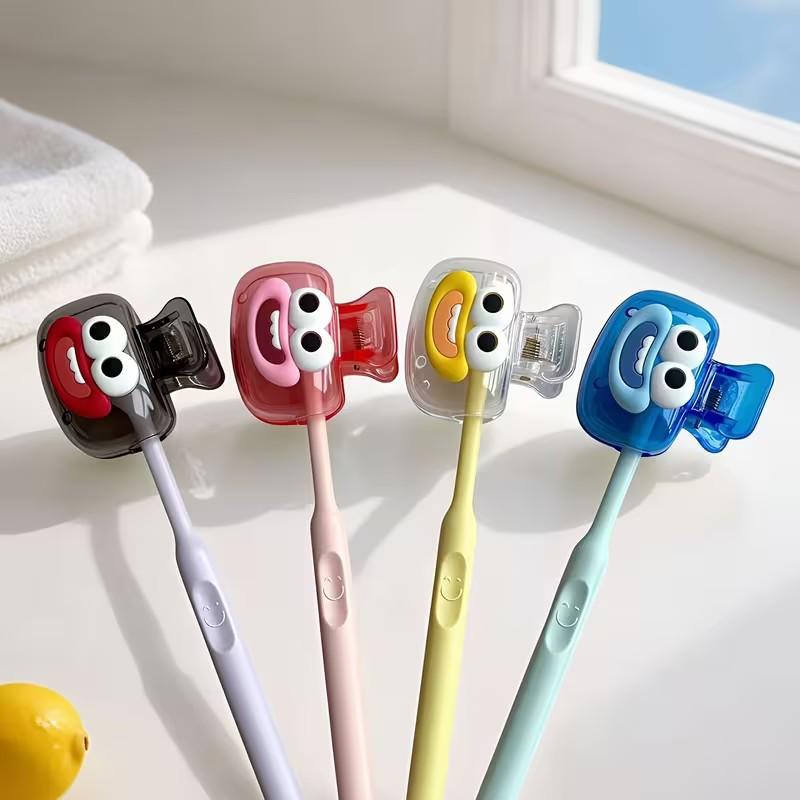 4pcs Cute Smiley Face Toothbrush Protective Covers, Random Color Dopamine Matching, Home Travel Essential, Durable Washable Material, Toothbrush Protector