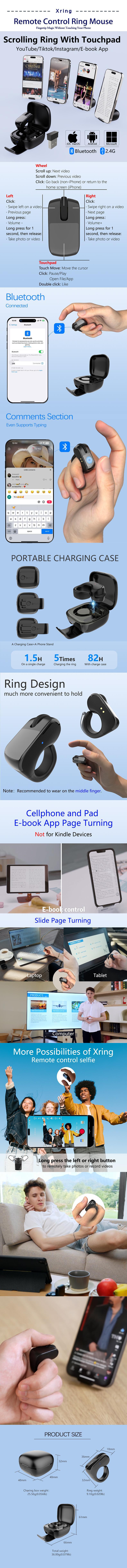 Bluetooth+2.4G Remote Control Scrolling Finger Ring Air Mouse with Touchpad for TikTok, Wireless Clicker, Video Scroller, Page Turn for Kindle APP, Presenter Remote, Selfie, Rechargeable, Remote Mice for Android iOS & PC Laptop Mac Tablet Computer Black