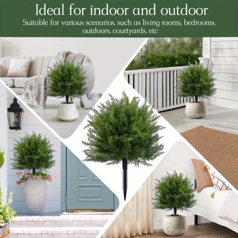 24-Inch Artificial Cedar Ball Tree with Stakes, UV-Resistant Fake Bushes, Indoor Outdoor Decor, Christmas Decoration, Garden Accent