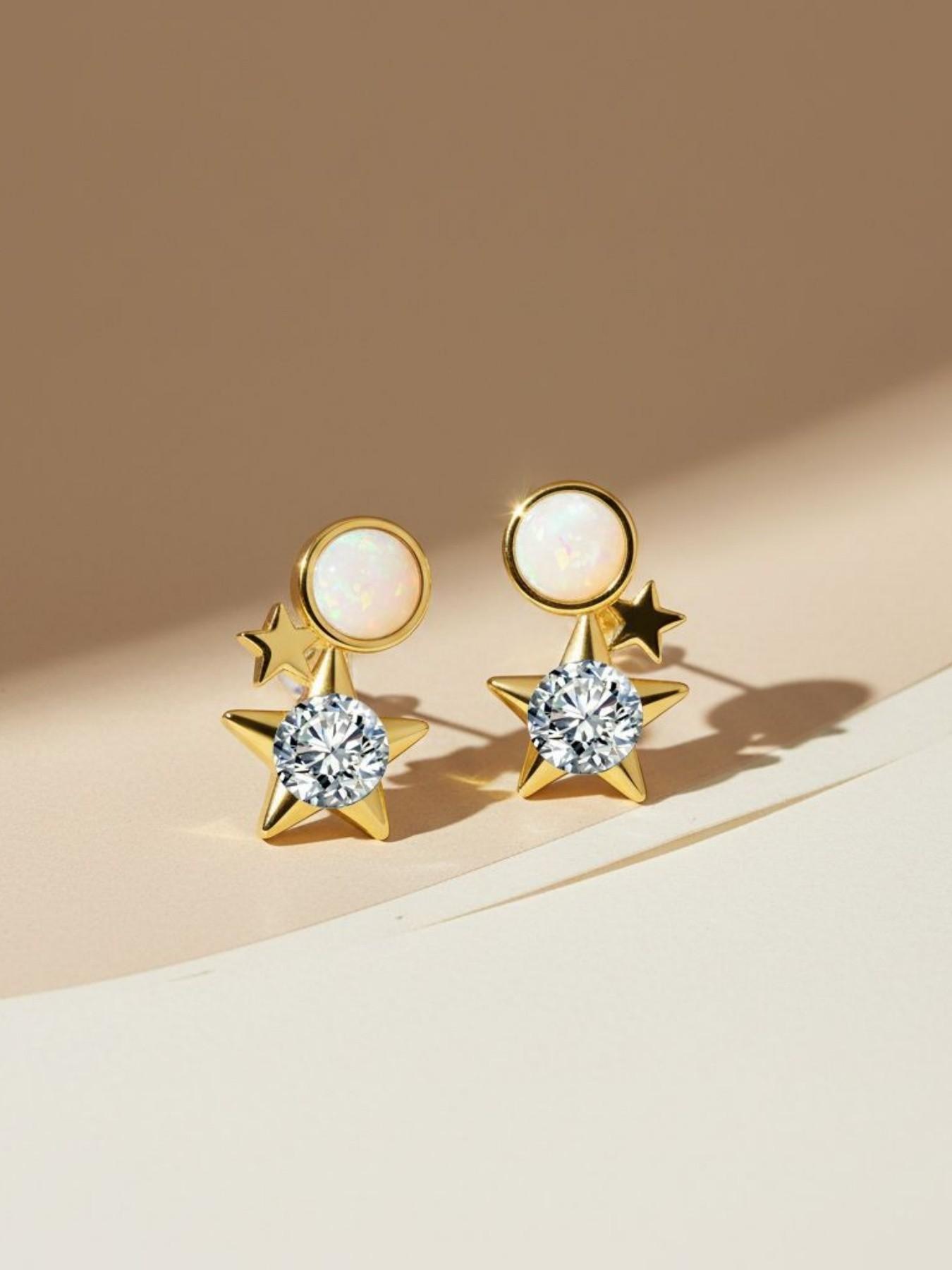 Double Glow Star Ring · Gold Sequence | Original Niche Star Opal Earrings, 925 Sterling Silver Needle Luxury Studs, Daily Essential Lucky Charm Accessory, Perfect for Valentine’s & Birthday Gifts