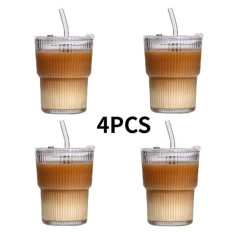 20oz Ribbed Glass Leakproof Tumblers Set of 2/4 with Lids & Straws Durable Reusable Leak-Proof Travel-Ready for Iced Coffee Smoothies Juice Cocktails Washable Stylish Drinkware