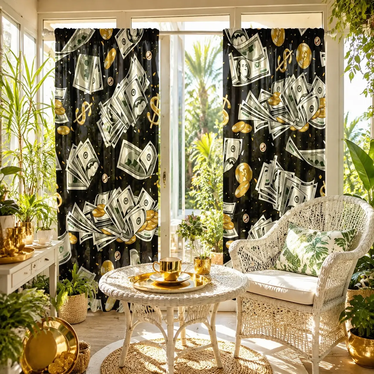 2 pieces of digital printed curtains with US dollars and gold coins, a wealth inducing curtain, machine washable, semi blackout, very suitable for home decoration, Home Decorative Curtain