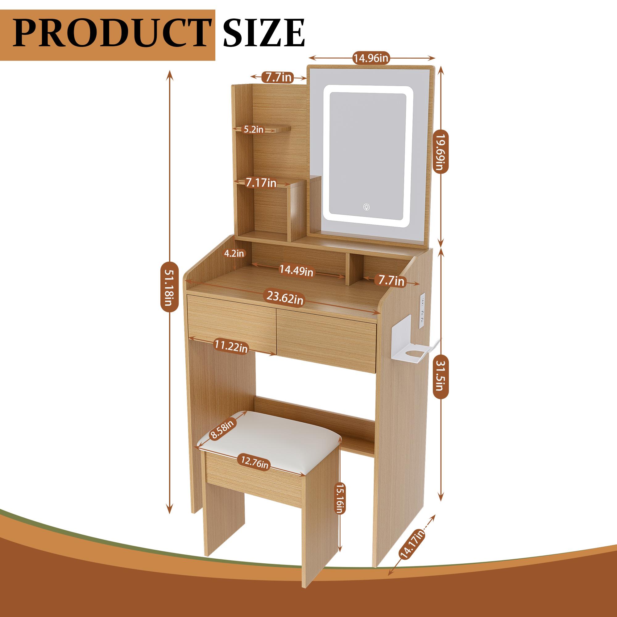 Small Vanity Desk with Mirror and Lights, Makeup Vanity Table with Power Outlet & 2 Drawers & 4 Shelves & Stool,Dressing Table Set for Bedroom, 3 Color Mode, Wood