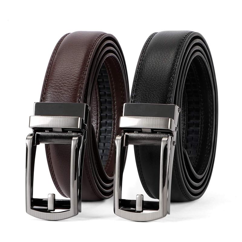 2-Pack Genuine Leather Ratchet Belts For Men Adjustable Belt Men's Dress Belt With Alloy Automatic Buckle