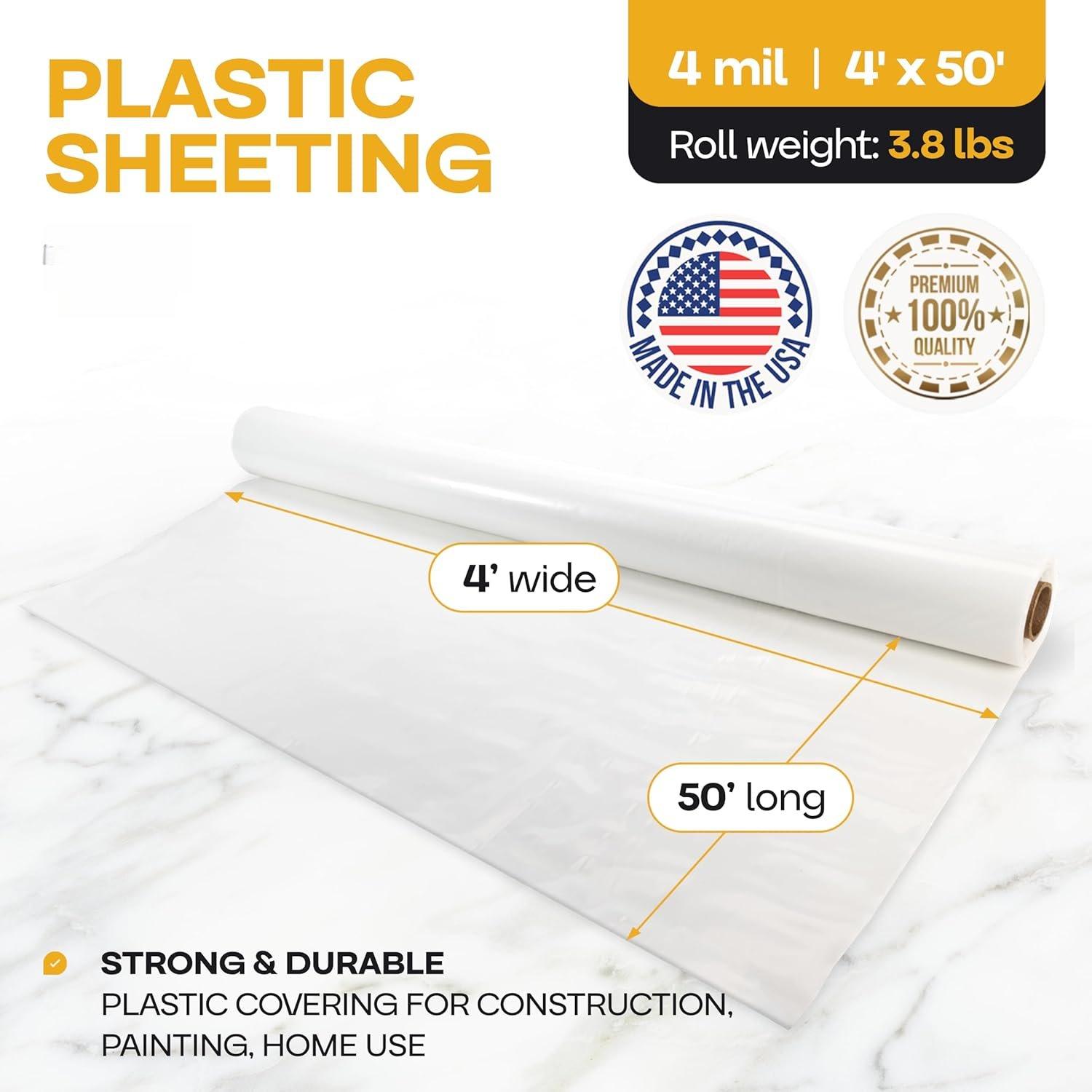Plastic Sheeting 4 mil, 4' x 50' (200 sq.ft.) - Thick Semi-Clear Plastic Sheeting for Painting, Constructionm, Drop Cloth - Heavy Duty Plastic Sheeting - LDPE Film Roll by