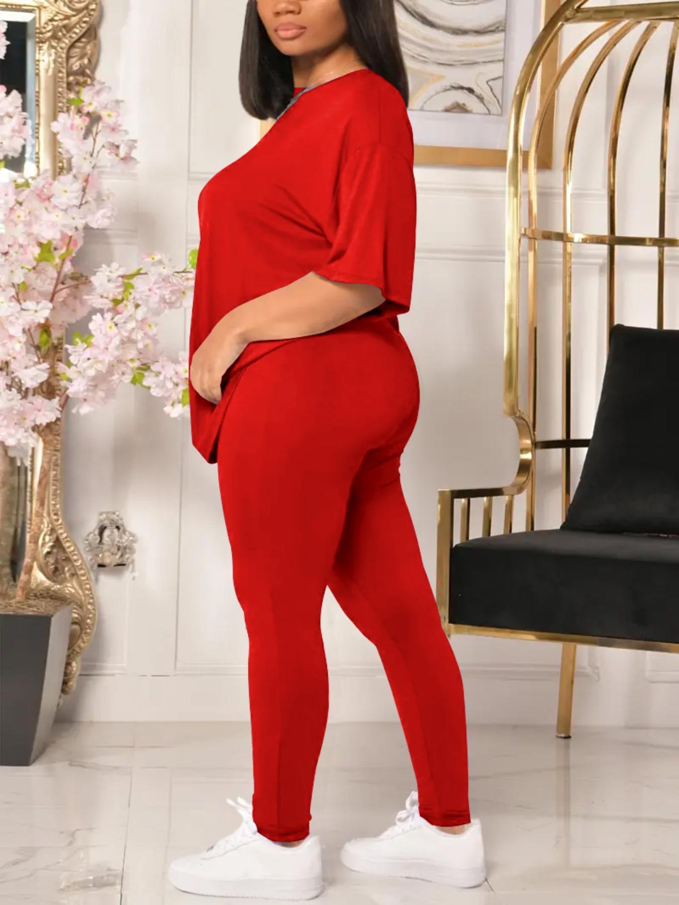 【Plus Size】 Solid Color Tee & Skinny Pants Two-Piece Set, Casual Matching Set, Casual Round Neck T-Shirt & Trousers for Daily Wear, Women's Two-Piece Set for All Seasons