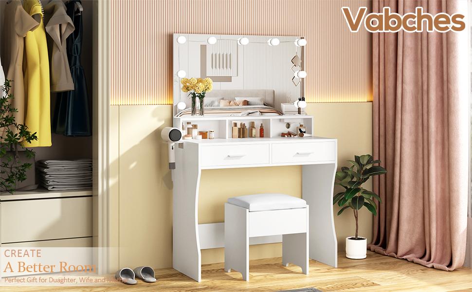 Vabches 31.5in(W) Makeup Vanity with Lighted Mirror & Power Outlet, White Vanity Set Vanity Desk, Clearance Makeup Vanity 3 Lighting Colors, Brightness Adjustable