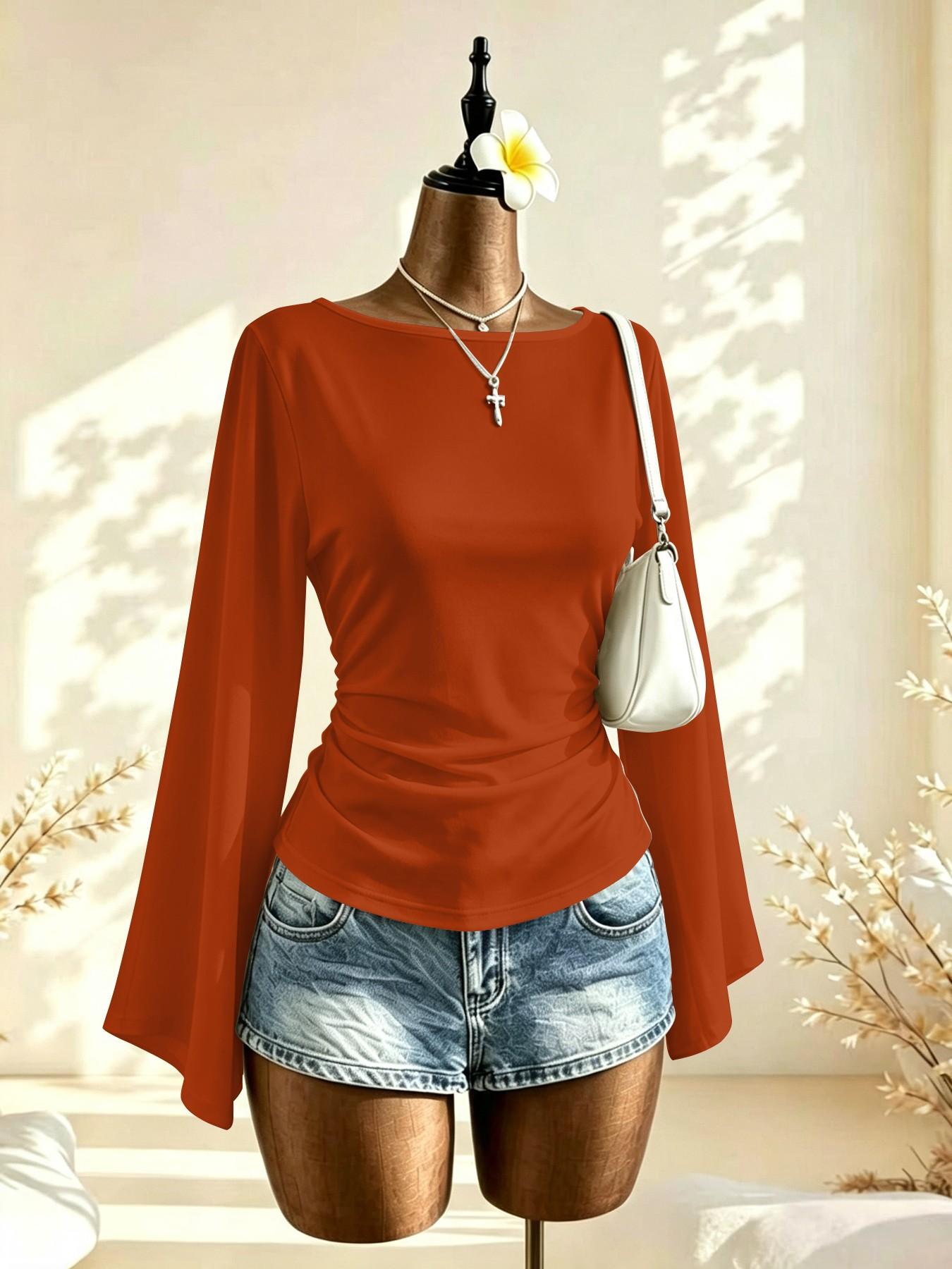 French Lazy Style Plain Color One-Shoulder Bell Sleeve Top, Side Pleat Waist Slimming Commuter Shirt, Choose 1/2 Pieces